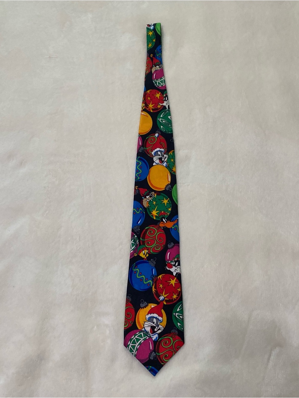 1993 Novelty Holiday Ornament Print Tie in Black with Multicolor Accents
